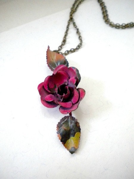 Rose Necklace  Repurposed Chippy Paint Metal