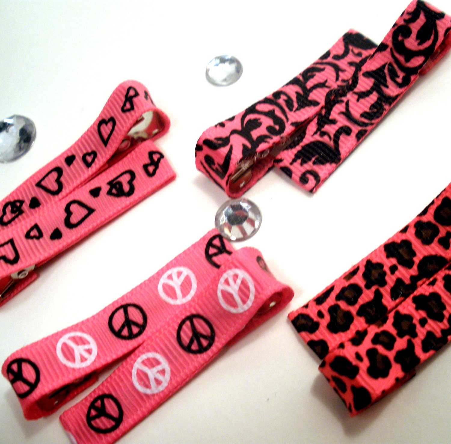 Girls Boutique Hair Bows - Pretty in Pink Bitty Clips (Set of 8) - Pink, Leopard Print, Peace, Hearts, Love, Damask