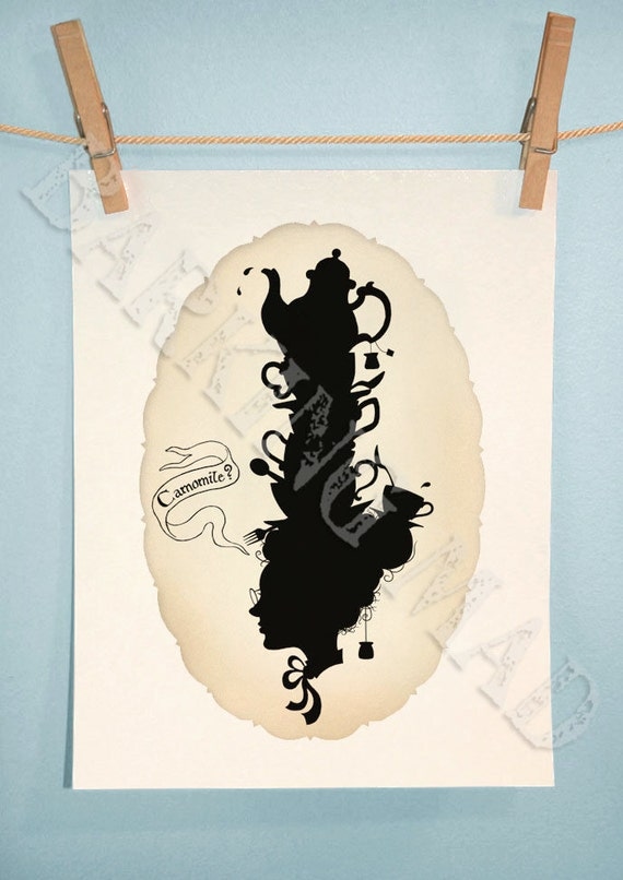 Camomile tea silhouette Victorian whimsy art 5x7