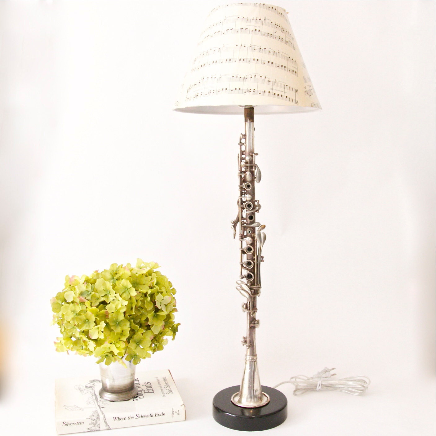 Vintage Metal Clarinet Lamp - round wood base