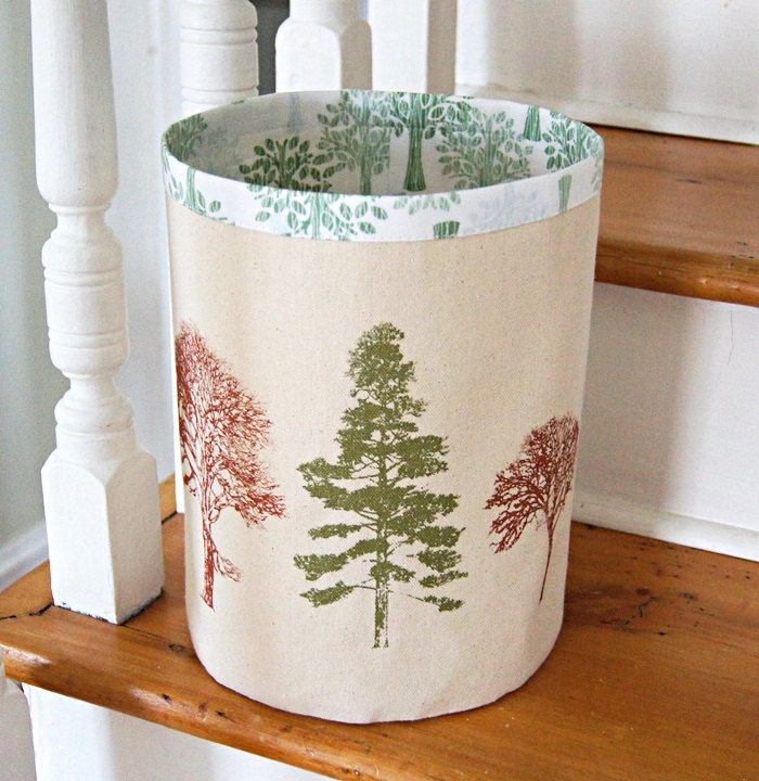 Large Organic Cotton Canvas Box Bin Organizer Storage Basket /Hand Printed Tree Forest/ Made To Order