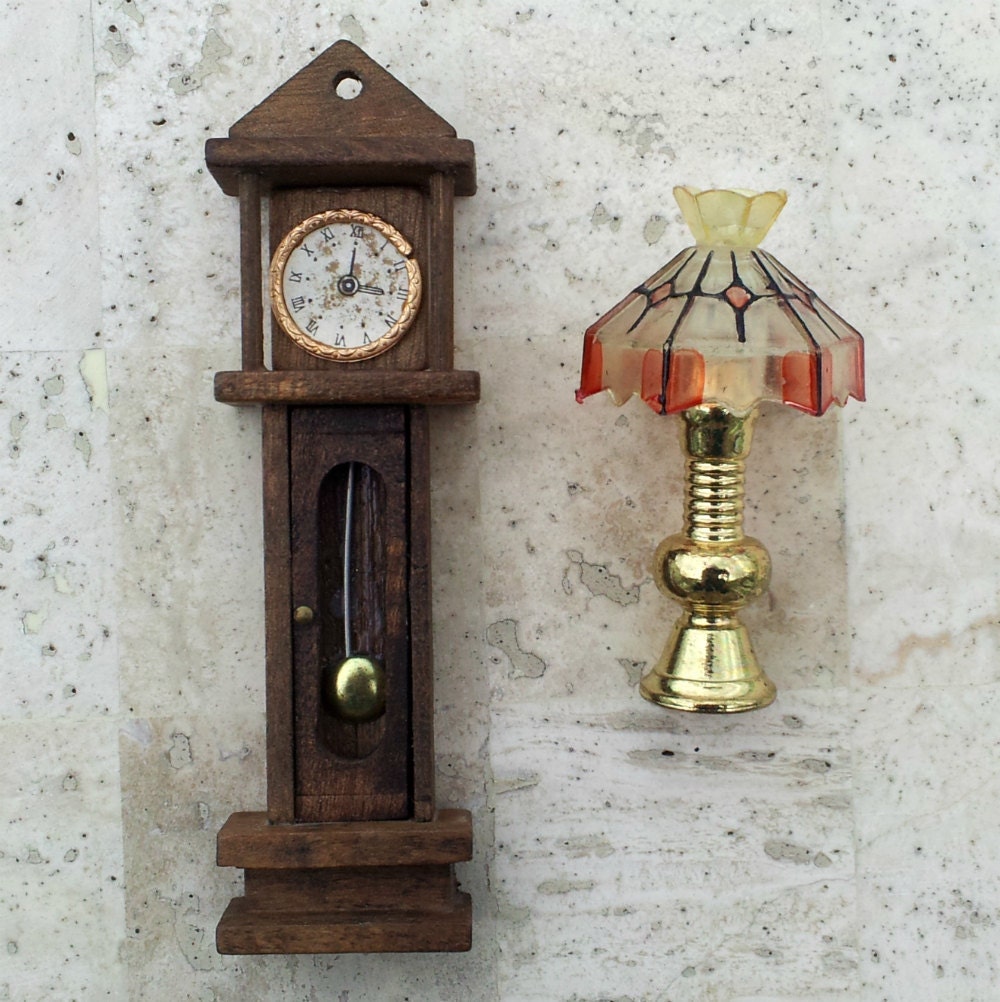 Vintage Dollhouse Grandfather Clock and Tiffany Lamp