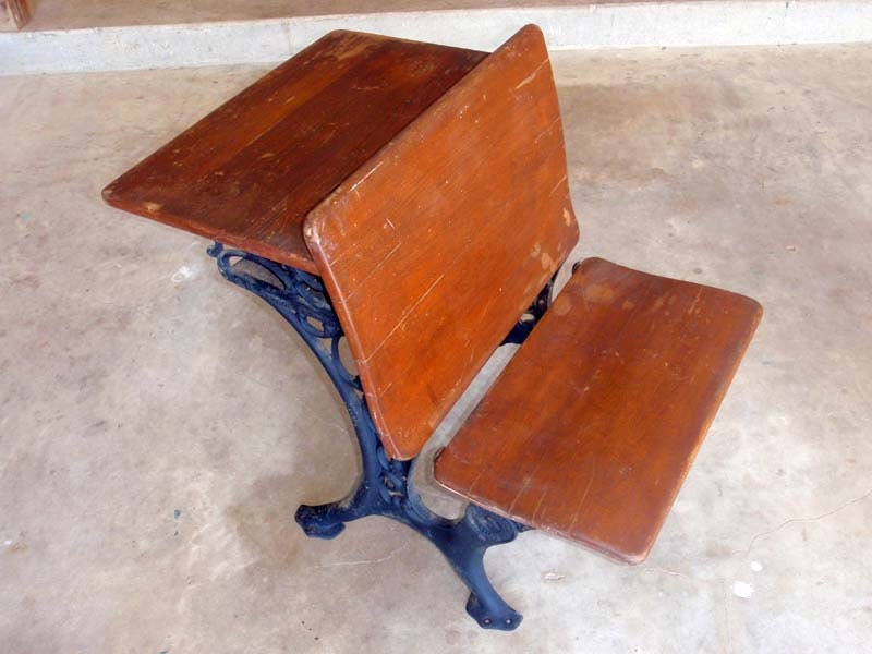 1890s - 1930s C R School Furniture vintage desk with ink well pencil tray and heart carving