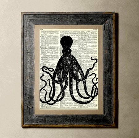 Octopus(Black) - Printed on a Vintage Dictionary Page 8X10