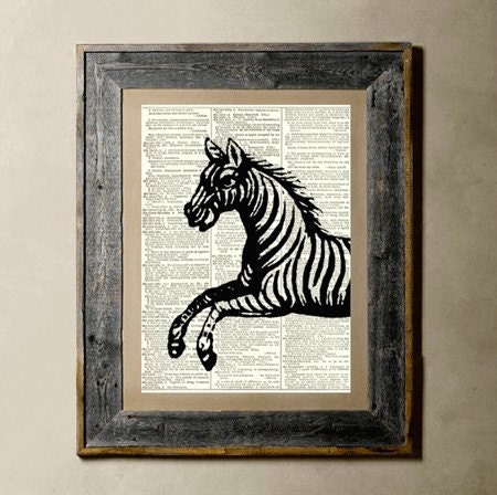 Leap Zebra - Printed on a Vintage Dictionary Page 8X10