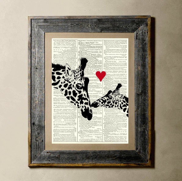Giraffe Love - Printed on a Vintage Dictionary Page 8X10