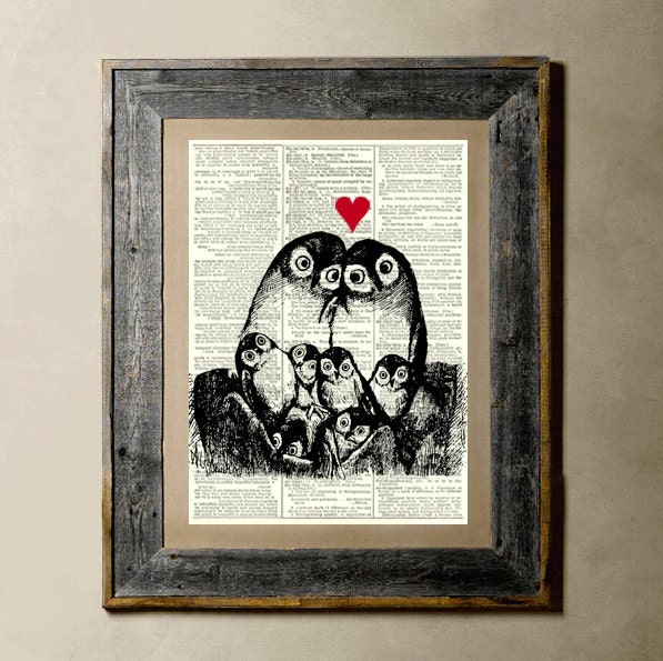 Owl Family(Love) - Printed on a Vintage Dictionary Page 8X10