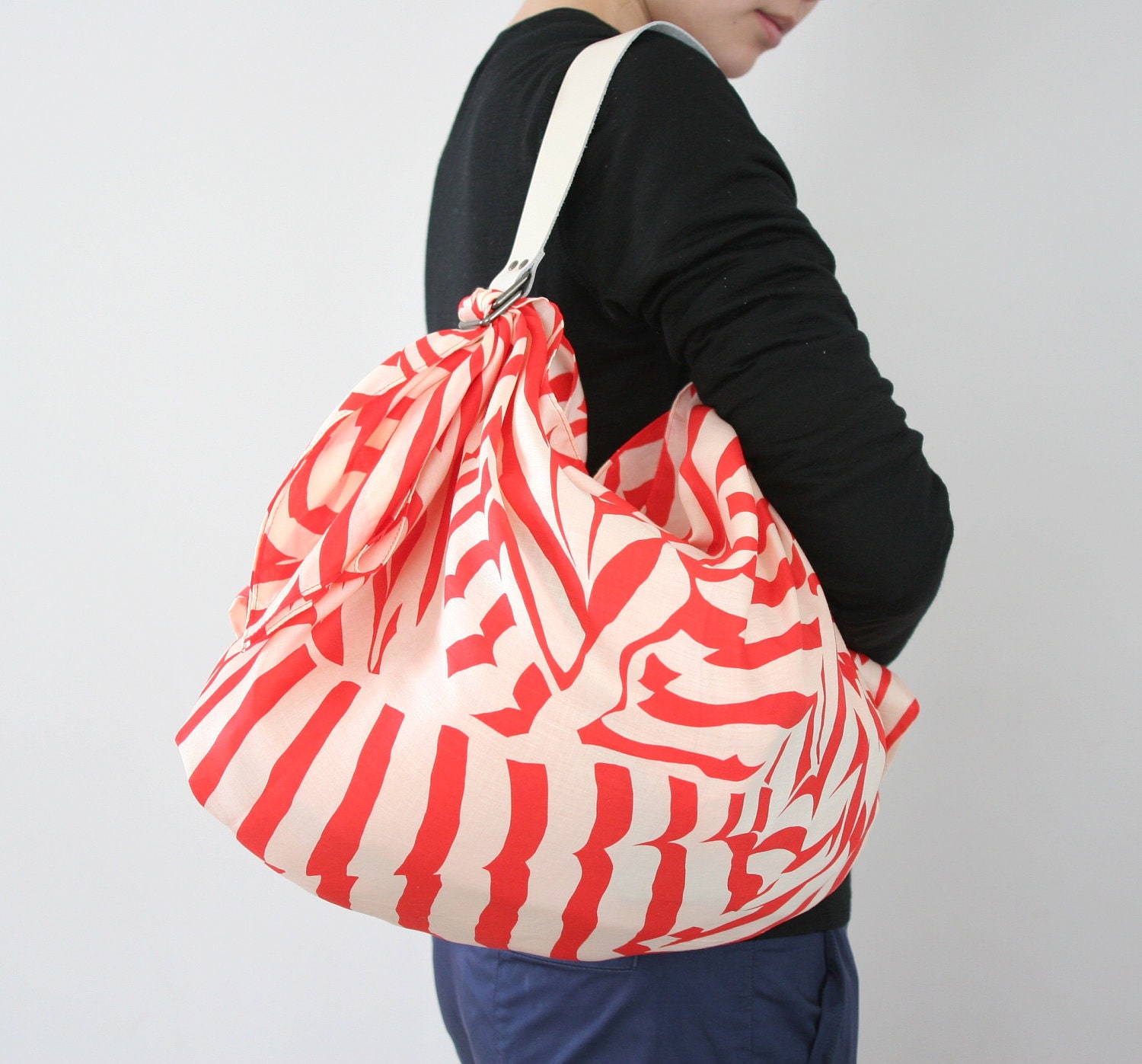 Stripe Furoshiki Red & White Leather Carry Strap for  Bag Set