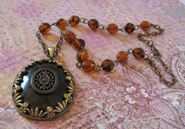 Bronze Gold Pendant Necklace and Czech Beads