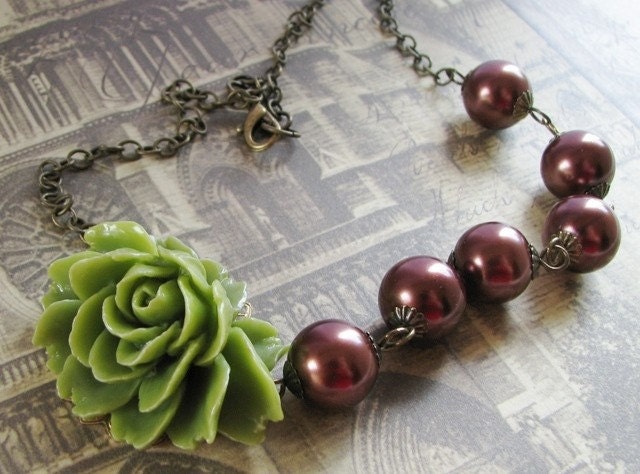 Sage Green and Chocolate Brown Colored Necklace - Sage Green Rose Flower with Large Chocolate Glass Pearls