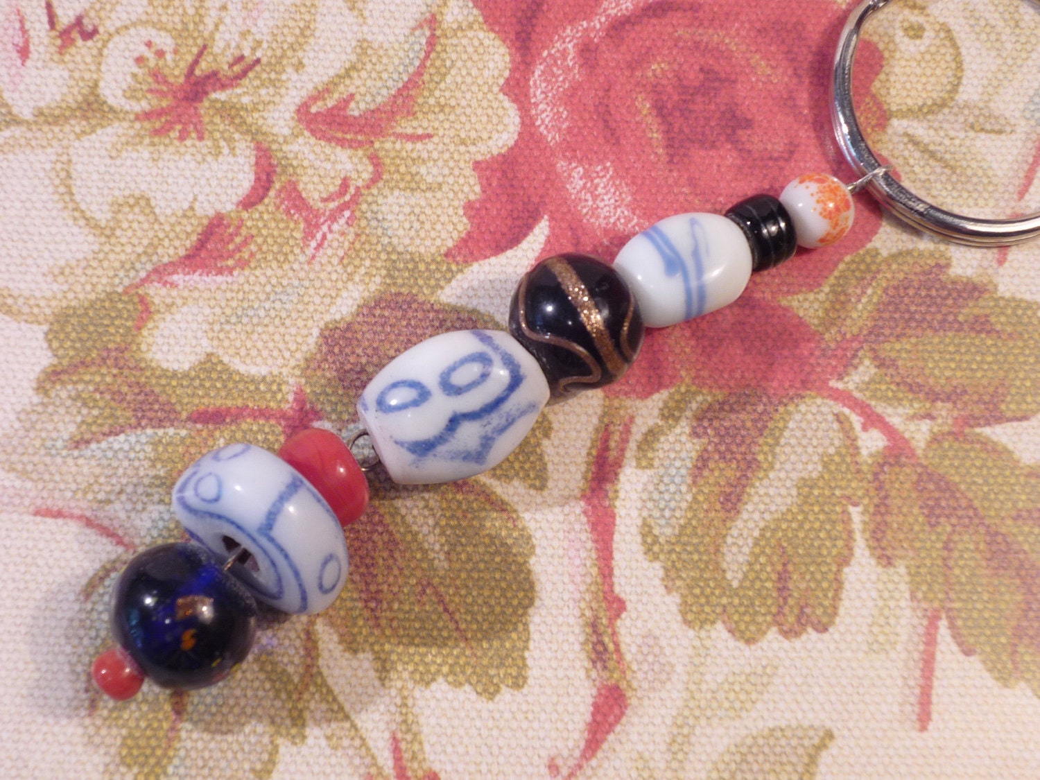 Great Classic Color Red, Black and Blue/White Beaded Key Ring
