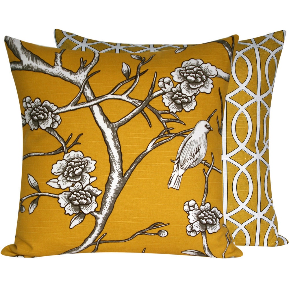 Floral Yellow Throw Pillow Cover 18x18 Bird Pillow, Home Decor Designer Throw Pillow, Accent Pillow, Autumn Light Collection