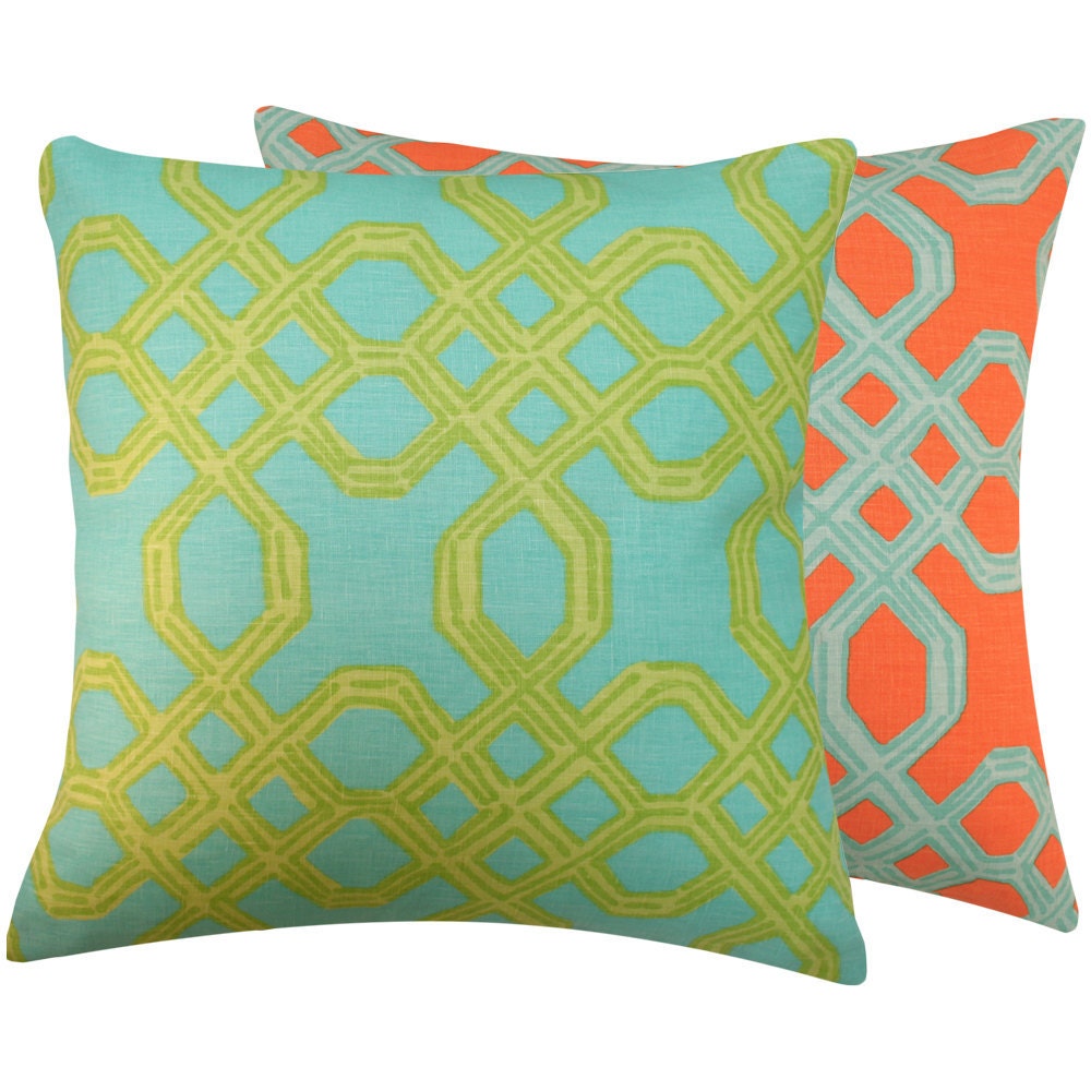 Aqua Blue Orange Pillow Cover 20" Lilly Pulitzer Fabric Double Sided Throw Pillow, Kiwi Sunset Couture Collection