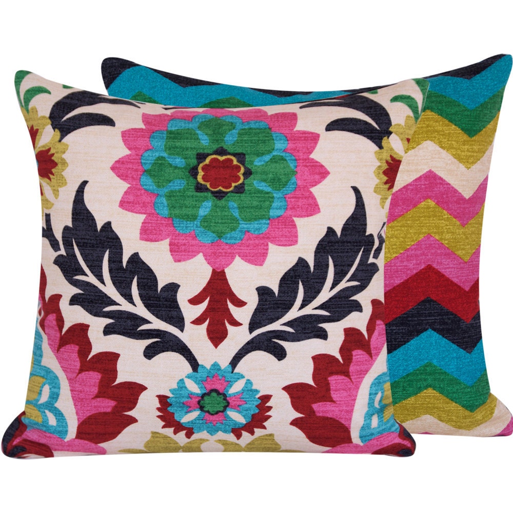 Decorative 14" Throw Pillow Cover, Garden and Zig Zags, Bright Colors, Cinco de Mayo Collection