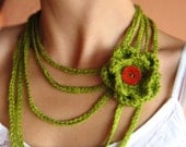 Gentle Green Crochet Necklace with Flower in lime grass green with flower..wood button