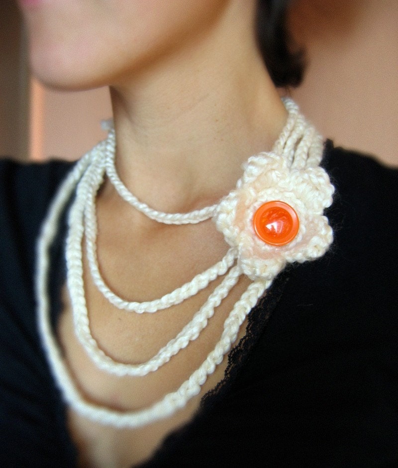 Cream Crochet Necklace with Flower..Christmas in July