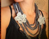 Grey Vintage Insipred Crochet Strands Necklace Scarf with Flowers...Christmas in July