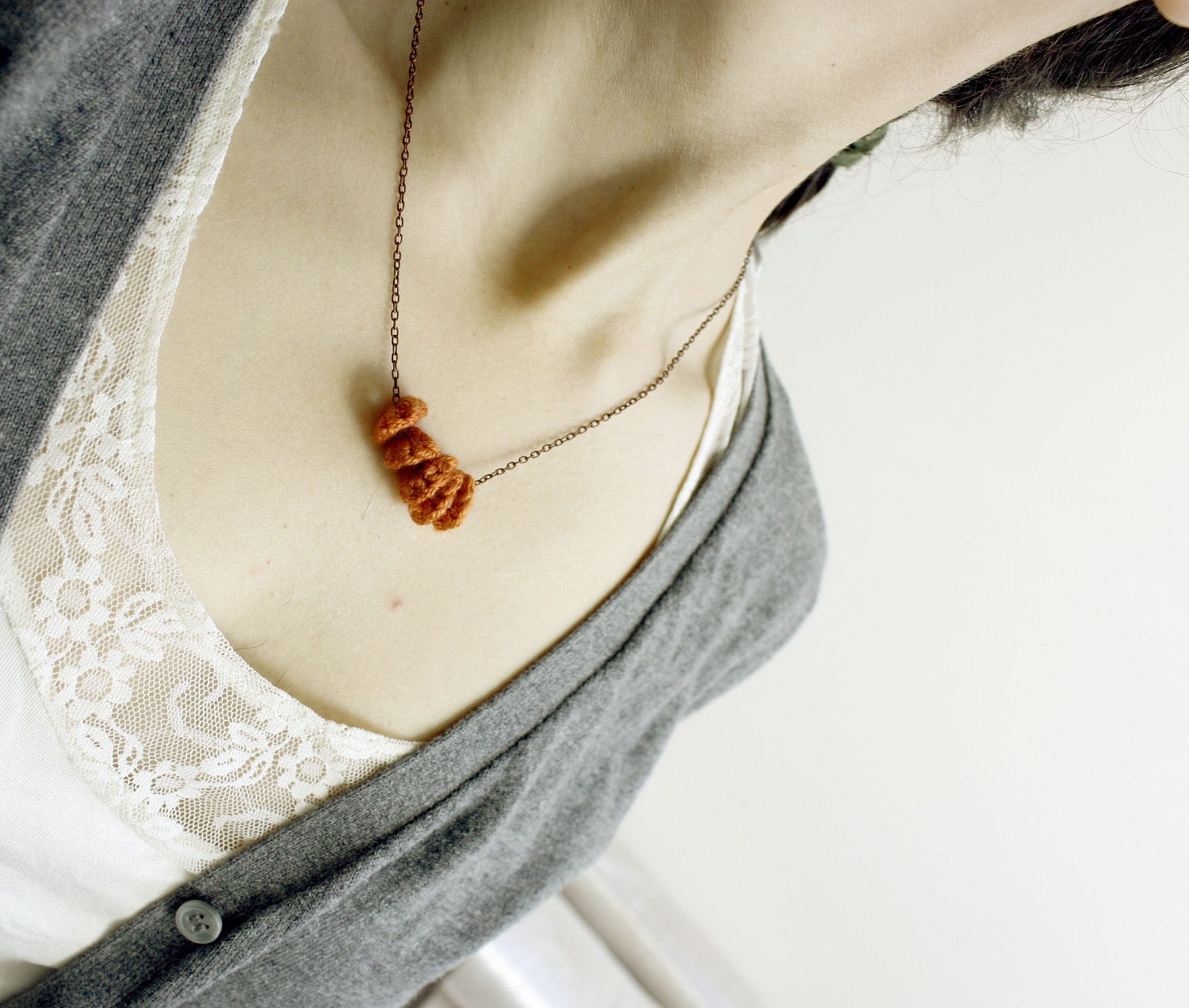 Circle Necklace Rustic Orange with Chain - Crochet Art Work