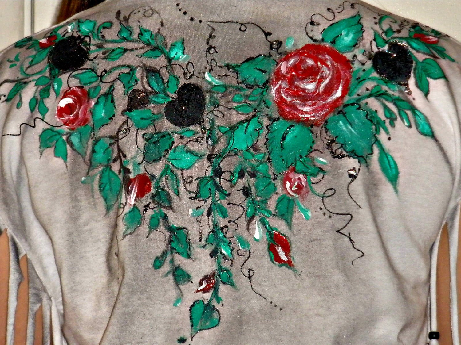 Painted T shirt French Lady Portrait Red Roses and Fringe
