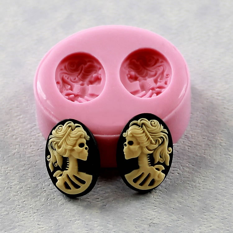 Lolita Skull Mold Day of the Dead Cameos 18mm by 13mm Resin Polymer Clay Earrings (292)
