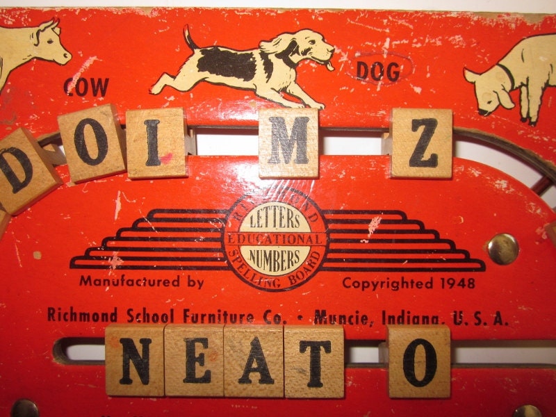 Vintage Childs Spelling Board Letters Numbers 1948