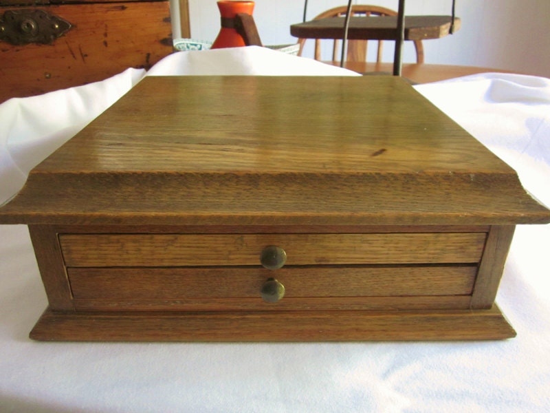 Vintage Wood Jewelry Chest Oak Dresser Box 2 Drawers