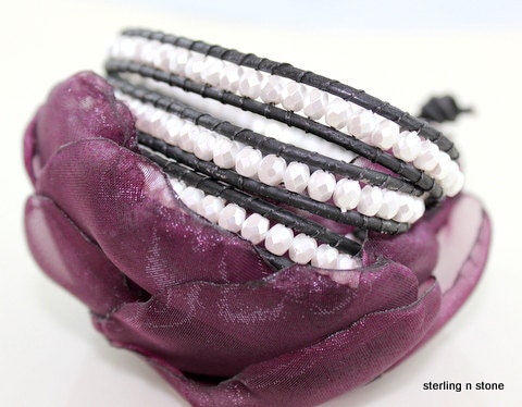 Wrap Bracelet - Black Leather - White  Pearls - Chan Luu  - Button Closure