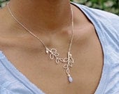 SALE Leafy branch necklace in silver with pearls and light blue crystal wire wrapped briolette Weddings chain necklace