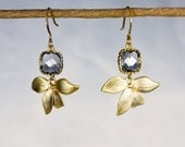 SALE Angles and dangles. gold flower earrings. Square framed and faceted charcoal grey quartz with orchid flower