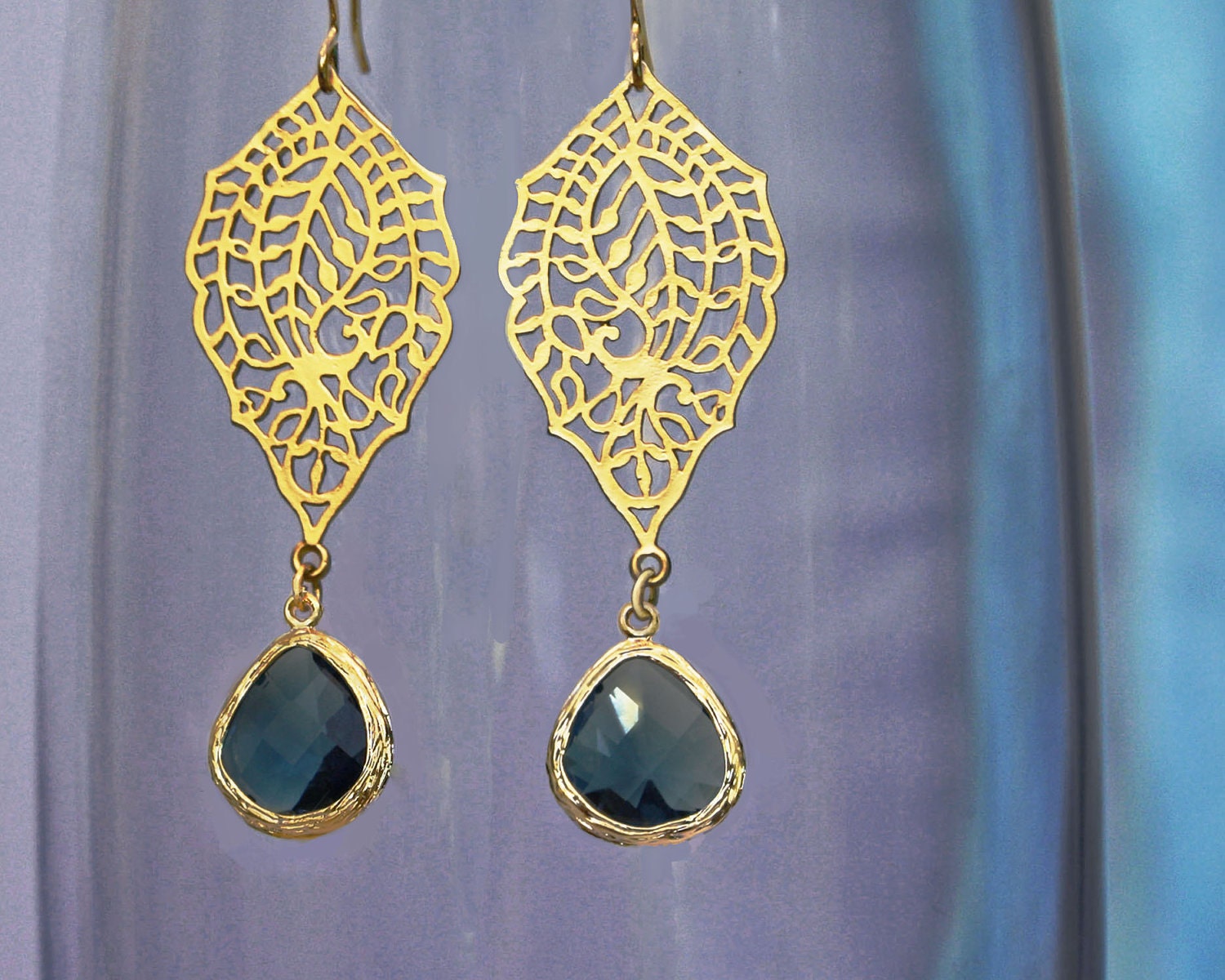 SALE chandelier Filigree paisley earrings. Gold earrings with framed and faceted sea green drop