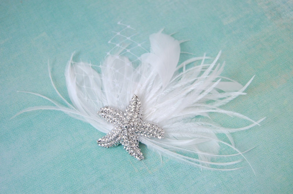 Sea Foam Feather Fascinator with Starfish Brooch : F088 made to order, white, ivory, black