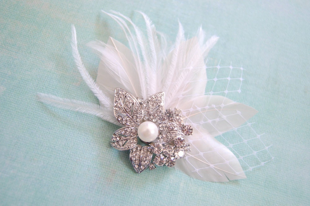 Garden of Eden Feather & Birdcage Fascinator with Stargazer Lily Brooch : F092 made to order, white, ivory, champagne, or black