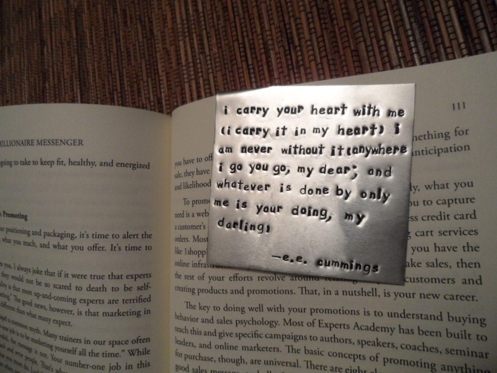 e.e. cummings hand stamped metal book marker