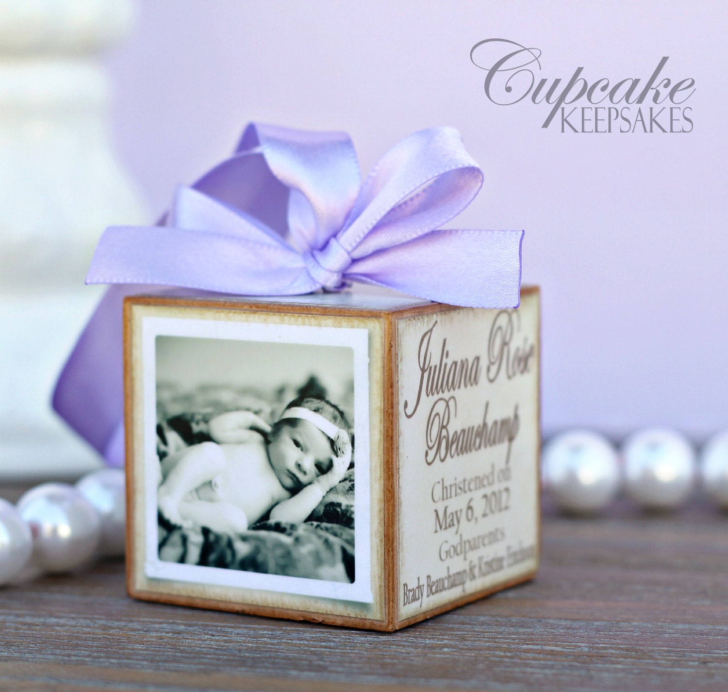 Personalized Vintage Baptism Christening Lavender Pink Photo Block Gift