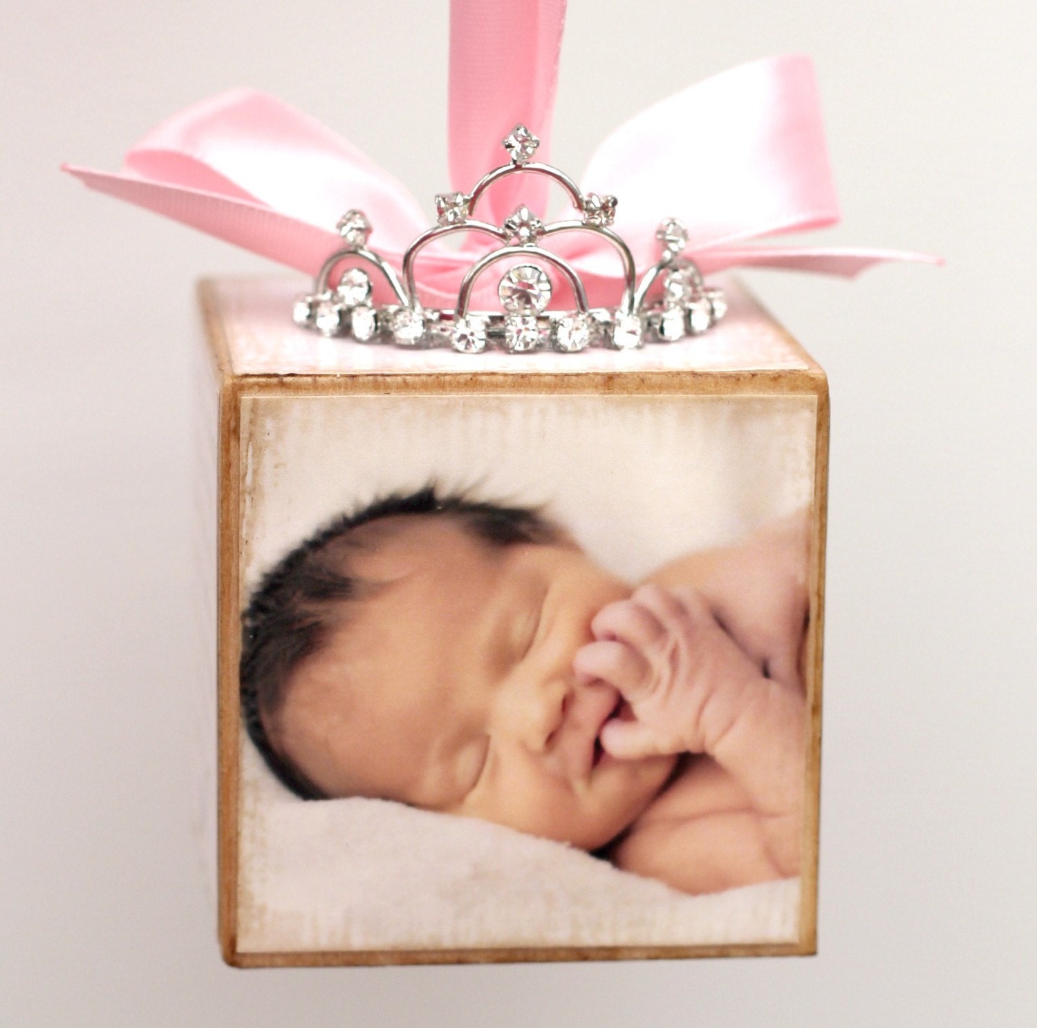 Personalized Pink Princess Tiara Birth Announcement Photo Baby Block Ornament Shower Gift Girl Nursery Decor