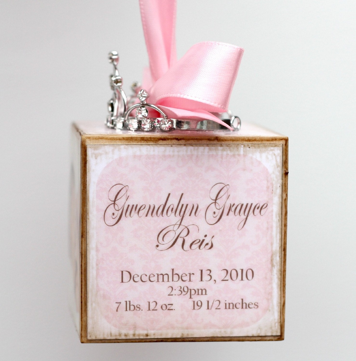Personalized Pink Princess Tiara Birth Announcement Photo Baby Block Ornament Shower Gift Girl Nursery Decor