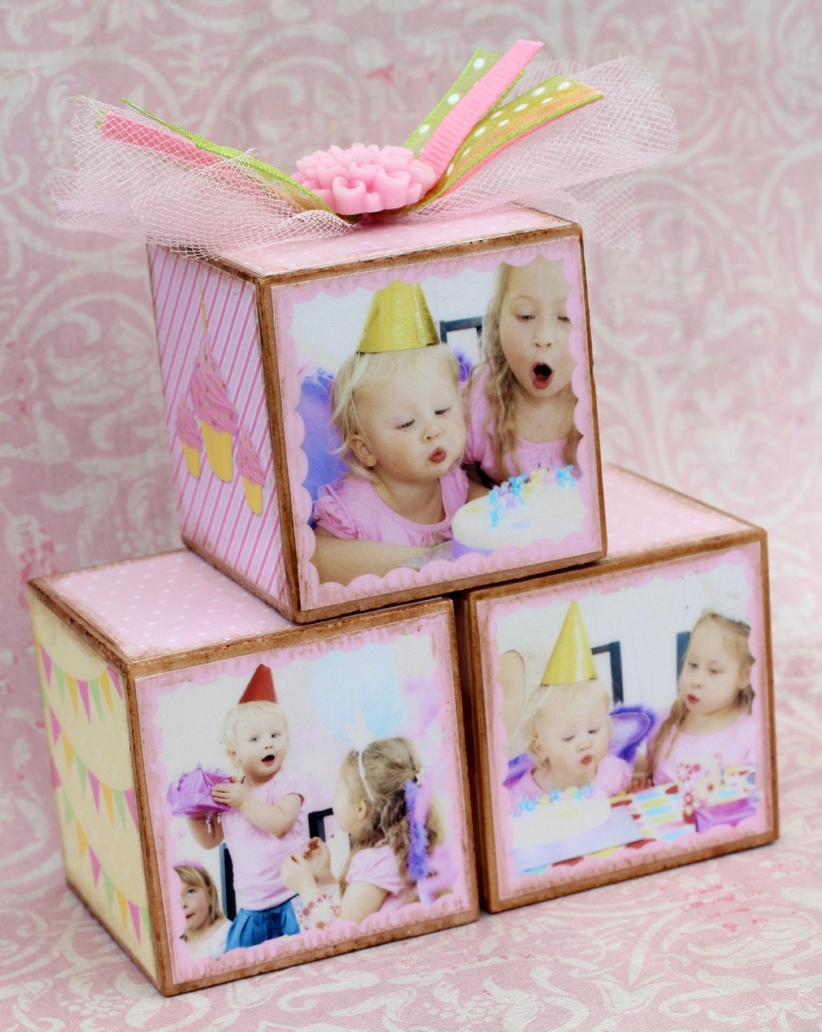 Personalized Vintage Pink First Birthday Photo Blocks Trio Gift