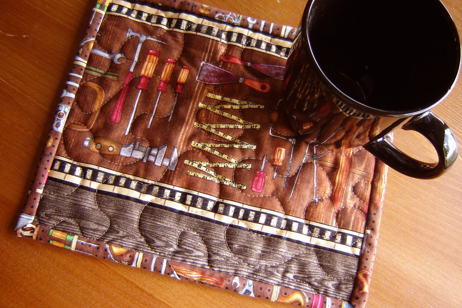 Mini quilt placemat, mug rug, snack mat Tool Time