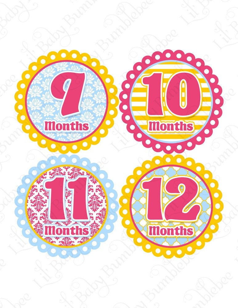 Baby Photo Prop Monthly Onesie Stickers - Jade - Posh and Preppy Patterns in Pink, Yellow, and Blue - Baby Month Stickers