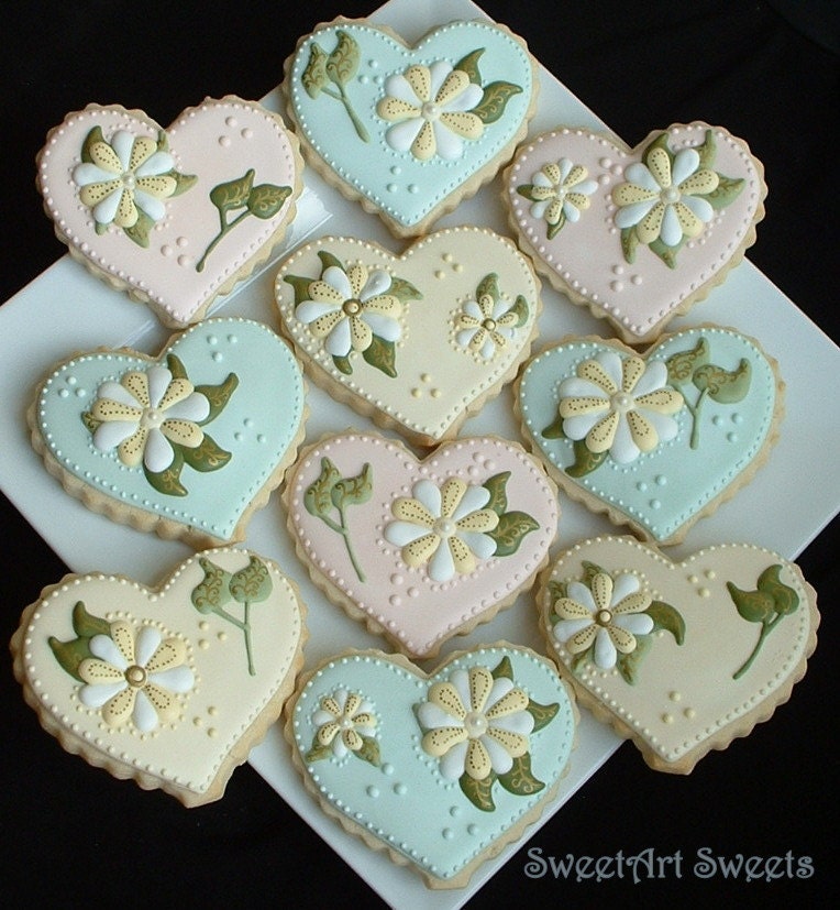 Pastel Flower and Heart Cookies - 1 dozen cookies