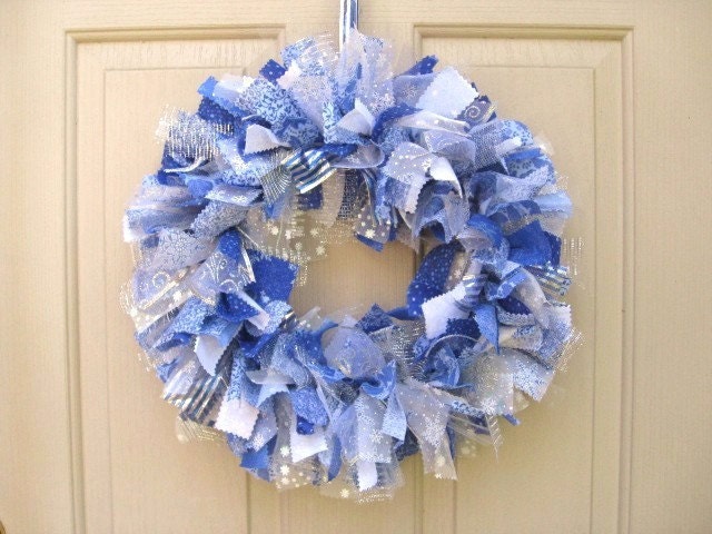 Christmas Wreath, Hanukkah Decoration, Winter Blue Silver and White Fabric Wreath, Holiday Front Door Wreath
