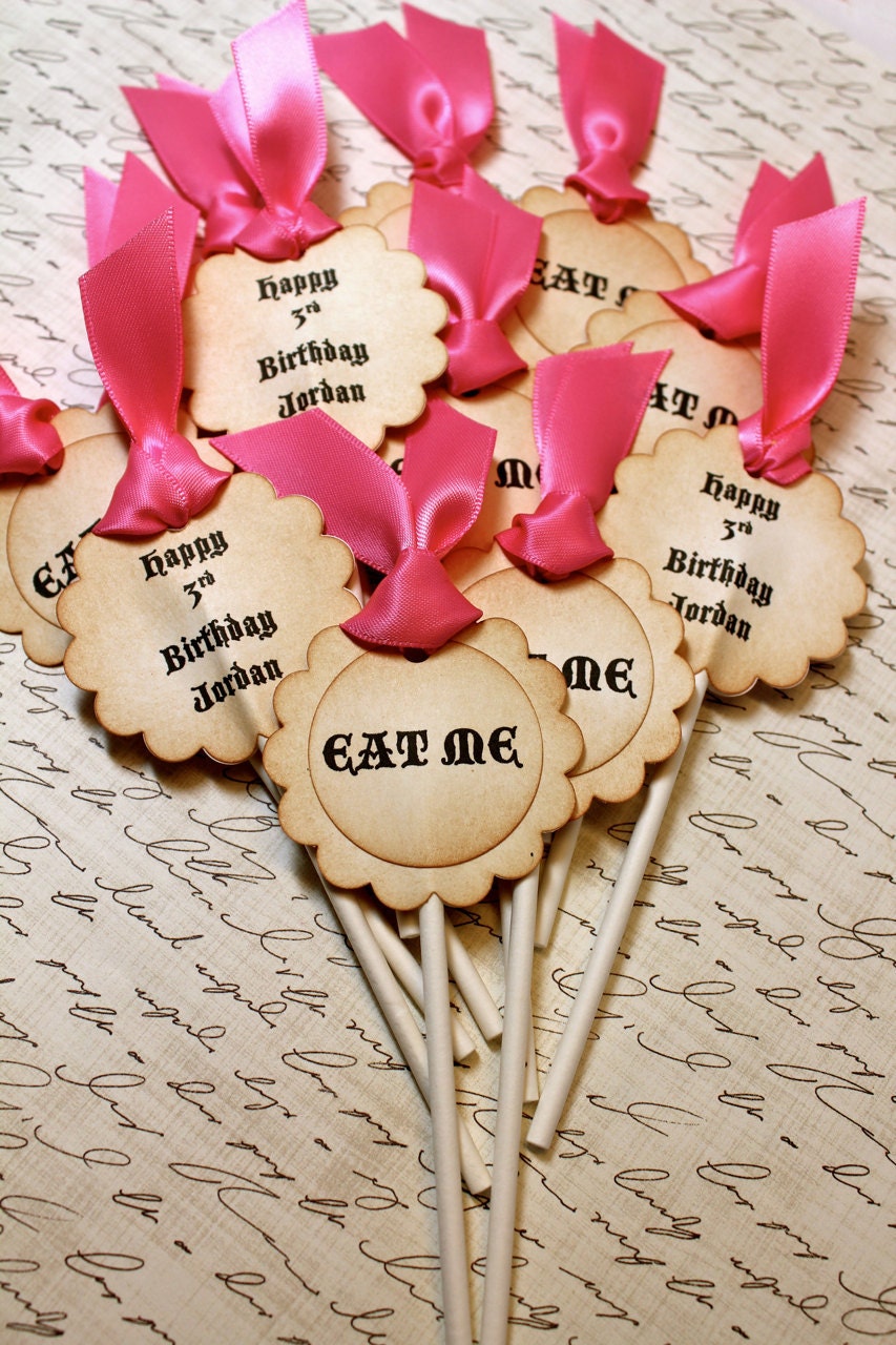 Vintage Inspired "Eat Me" Cupcake Toppers - Set of 12 - You Choose Ribbon Color