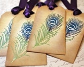 Vintage Inspired Embossed Peacock Feather Tags - Set of 5 - You choose ribbon color
