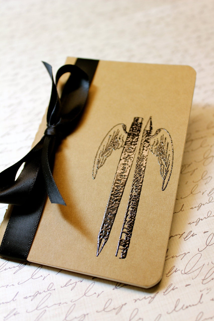 Embossed Moleskine Journal / Notebook / Cashier - Pen and Pencil with Wings
