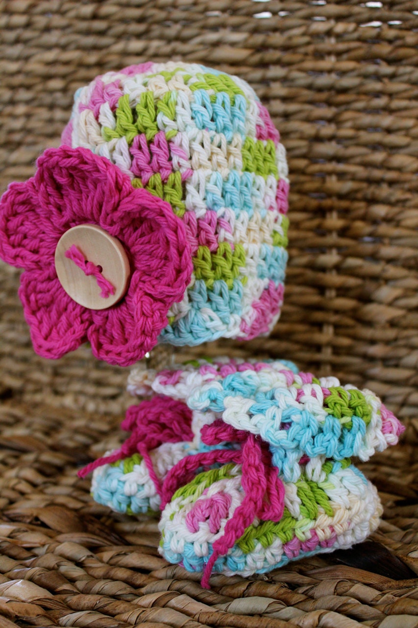 Crocheted Spring and Summer 100% Cotton Flower Hat & Booties  0-3 Months - Pink Variegated - Ready to Ship