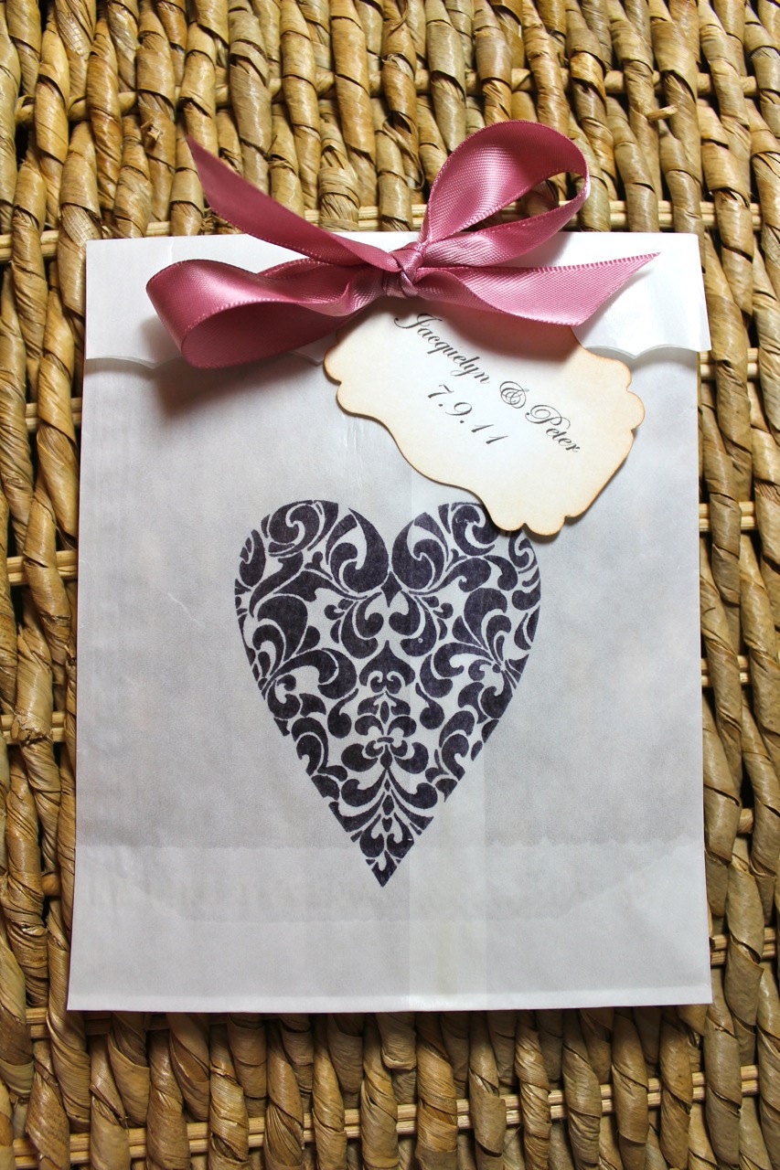 Ornate Heart Glassine Favor Bags & Tags - 4 1/2 x 6 3/4 - SET OF 5 - Personalized - You choose ribbon color
