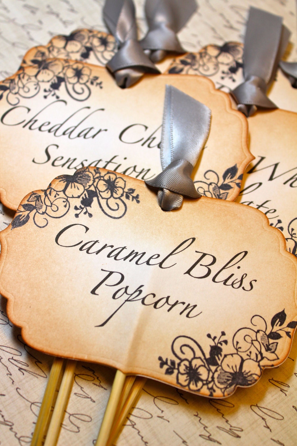 Vintage Inspired Candy Buffet Labels on Skewers - Set of  5 You Choose Ribbon Color