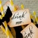 DRINK ME - Yellow & White Swizzle Straws and Tags - Set of 12 - You Choose Ribbon Color