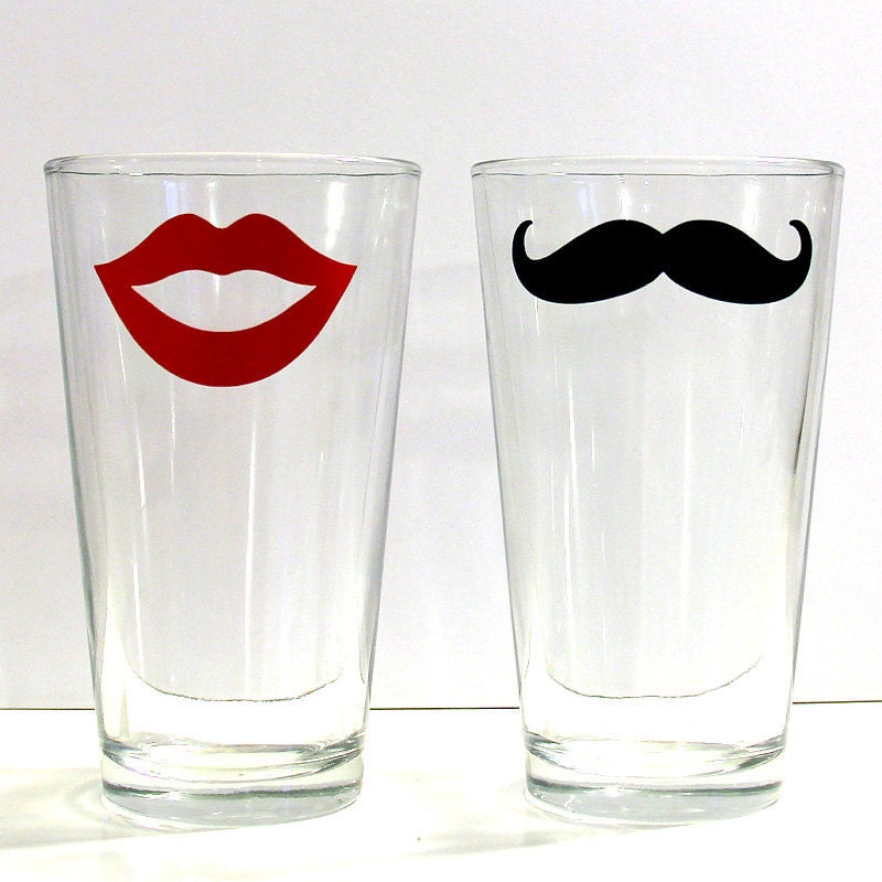 Mustache and Lips His and Hers Pint Glass Fun Drinking Glassware Bar Ware- 2 Piece Set - MustacheGlass