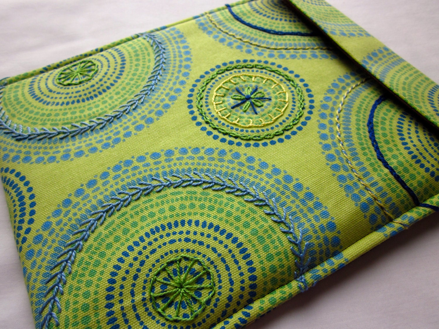 iPad 2 sleeve - hand embroidered iPad 2 cover - tablet case - lime green, blue and yellow kaleidoscope - quilt lined slim design